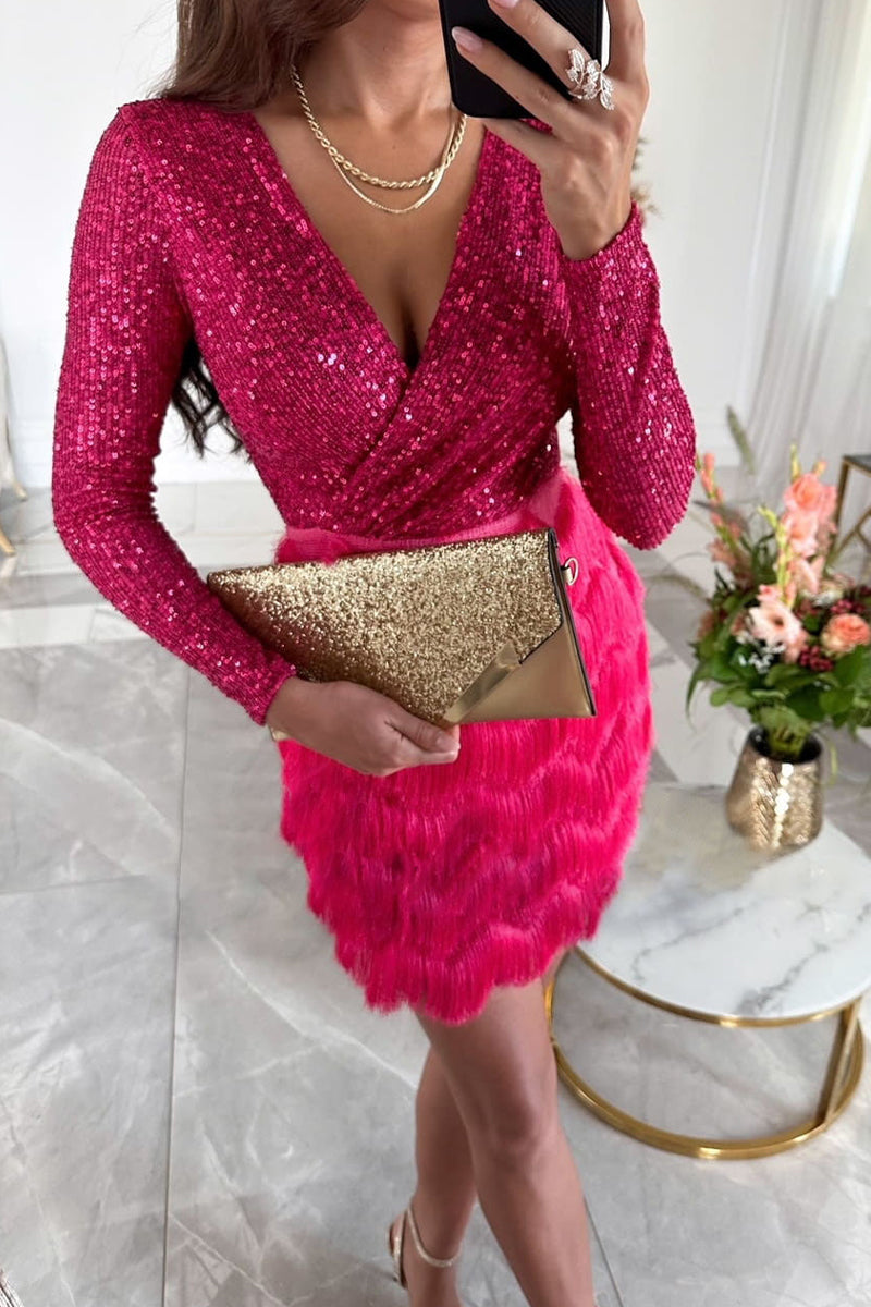 Tassel Sequins V Neck Wrapped Skirt Dresses