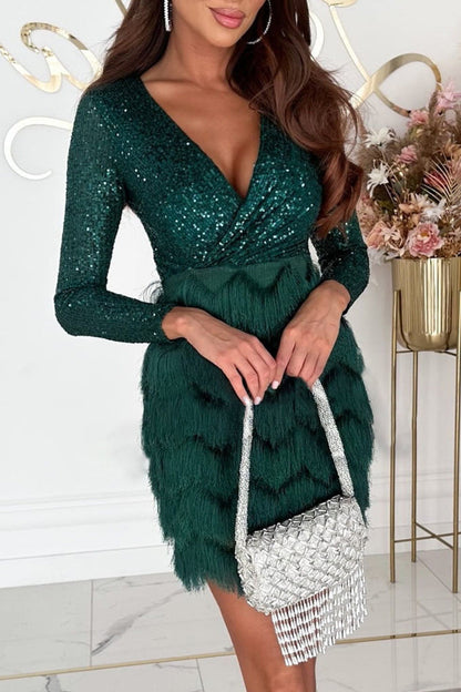 Tassel Sequins V Neck Wrapped Skirt Dresses