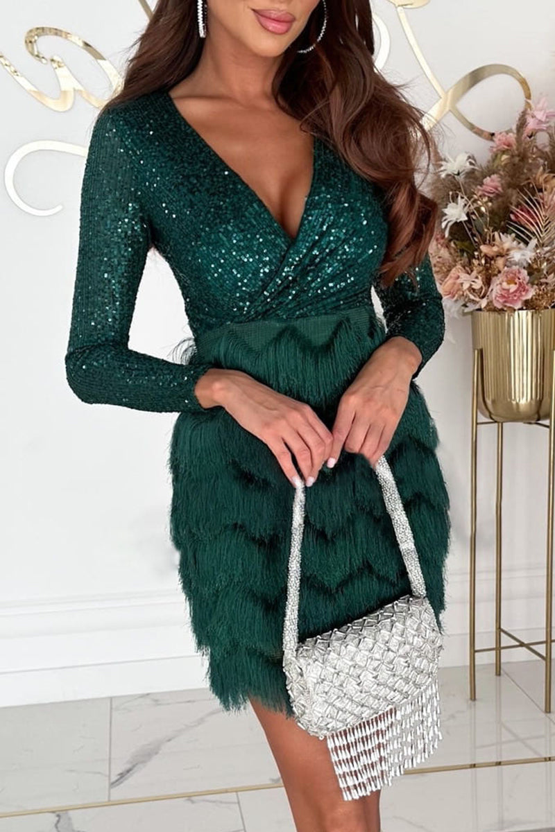 Tassel Sequins V Neck Wrapped Skirt Dresses