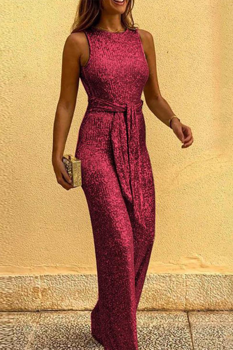 British Style Sequins Backless O Neck Jumpsuits