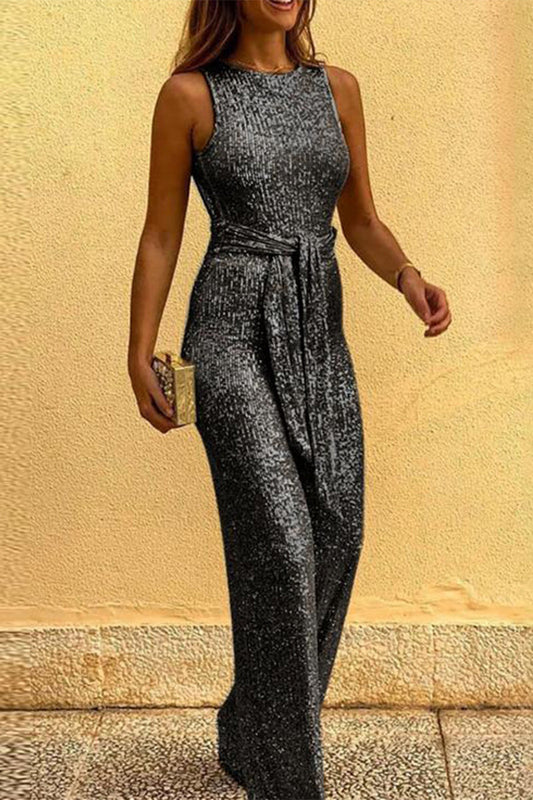 British Style Sequins Backless O Neck Jumpsuits