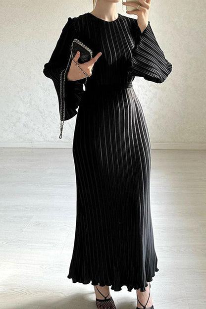 Street Patchwork Pleated O Neck Long Dress Dresses