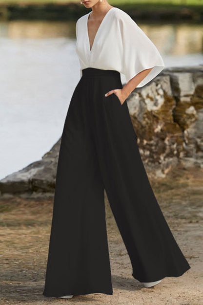 British Style Color Block Pocket Contrast V Neck Loose Jumpsuits