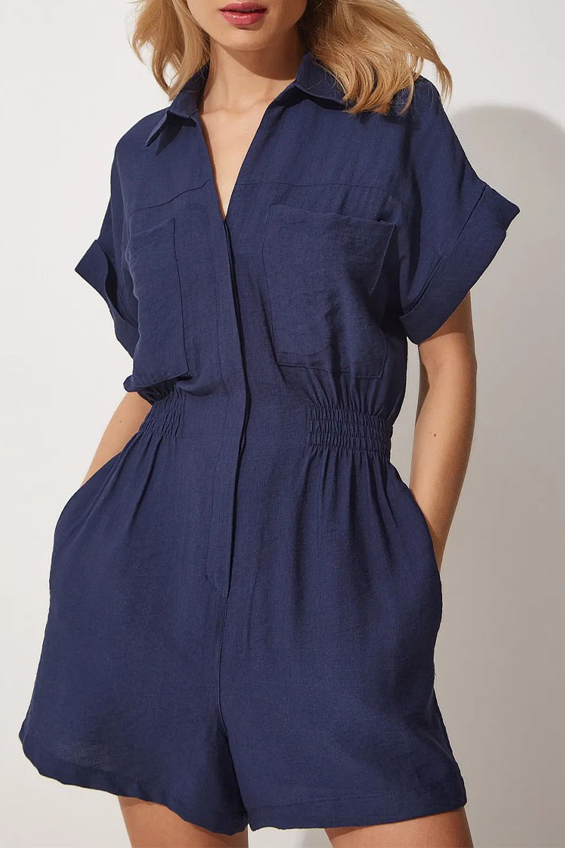 Daily Simplicity Pocket Turndown Collar Loose Rompers