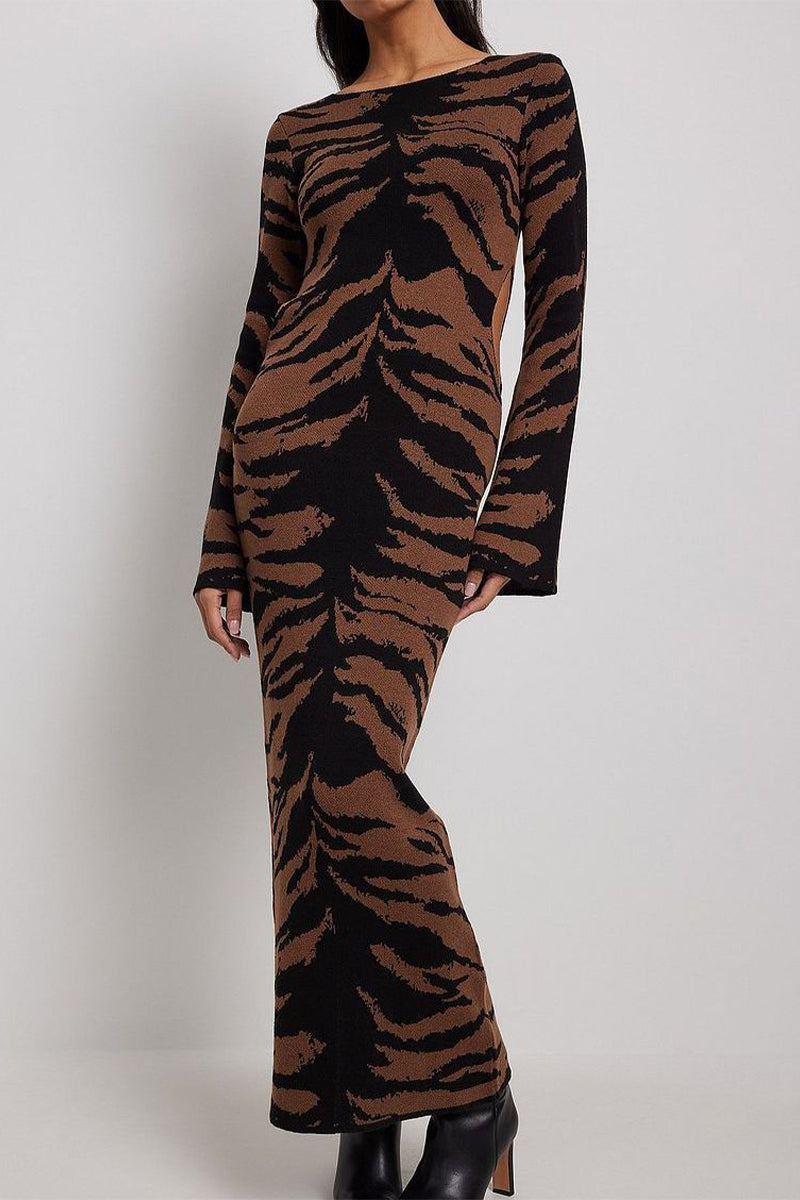 Street Leopard Jacquard Ripped Weave O Neck Pencil Skirt Dresses