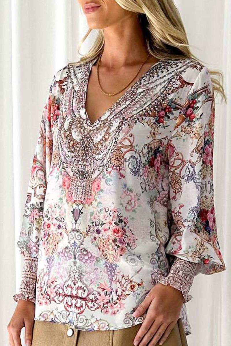 Print V Neck Blouses