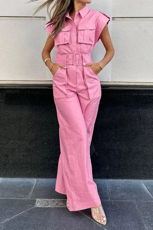 Pocket Turndown Collar Straight Jumpsuits