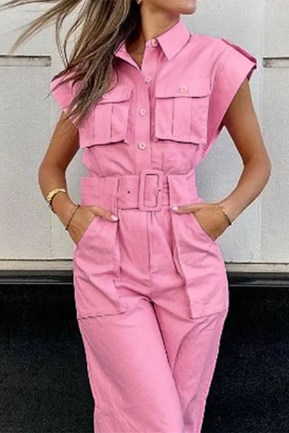 Pocket Turndown Collar Straight Jumpsuits
