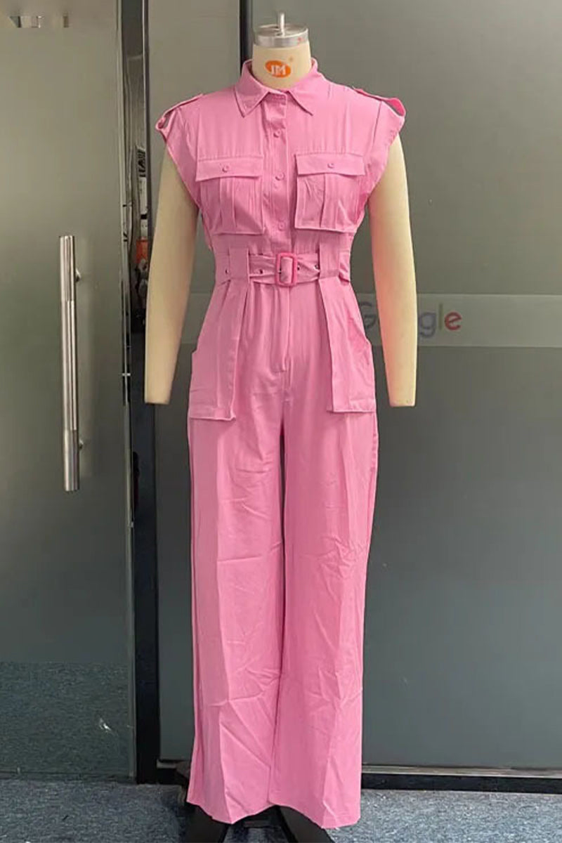 Pocket Turndown Collar Straight Jumpsuits