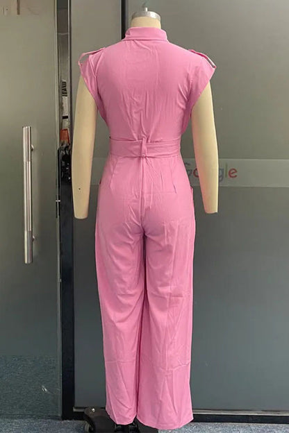Pocket Turndown Collar Straight Jumpsuits