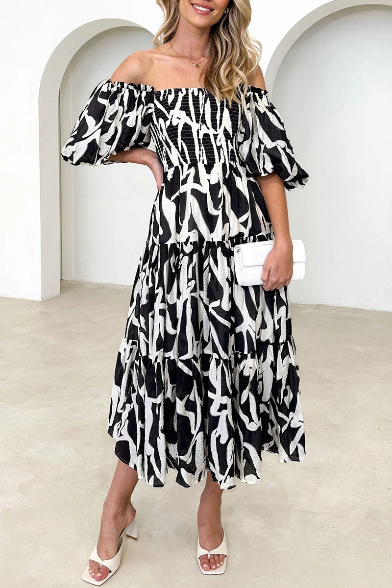 Patchwork Off the Shoulder Cake Skirt Dresses