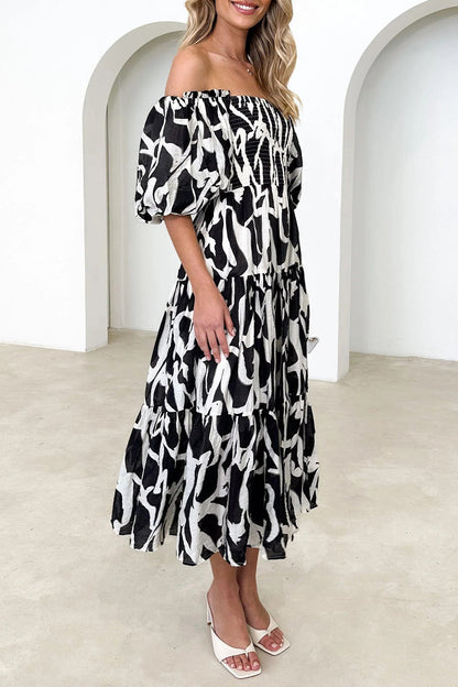 Patchwork Off the Shoulder Cake Skirt Dresses