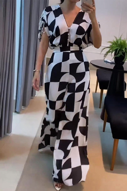 Plaid Pocket Contrast V Neck Jumpsuits
