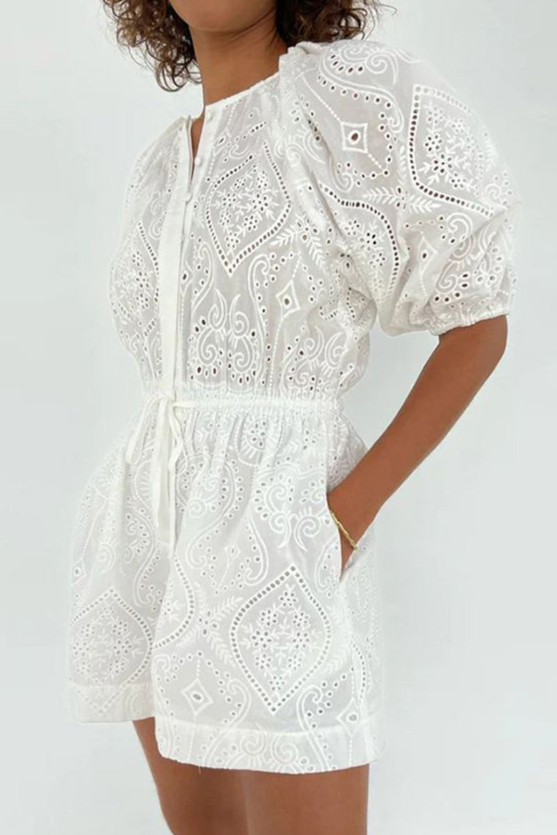 Simplicity Hollowed Out Draw String Pocket O Neck Loose Rompers