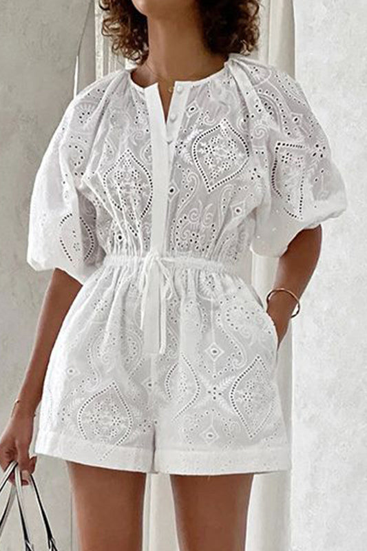 Simplicity Hollowed Out Draw String Pocket O Neck Loose Rompers