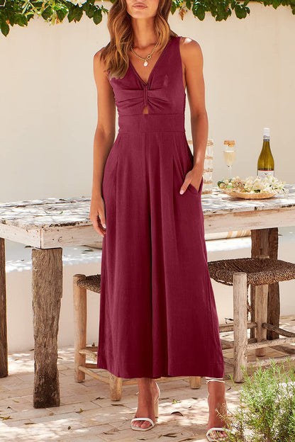 Simplicity Pocket Backless V Neck Loose Jumpsuits(13 Colors)
