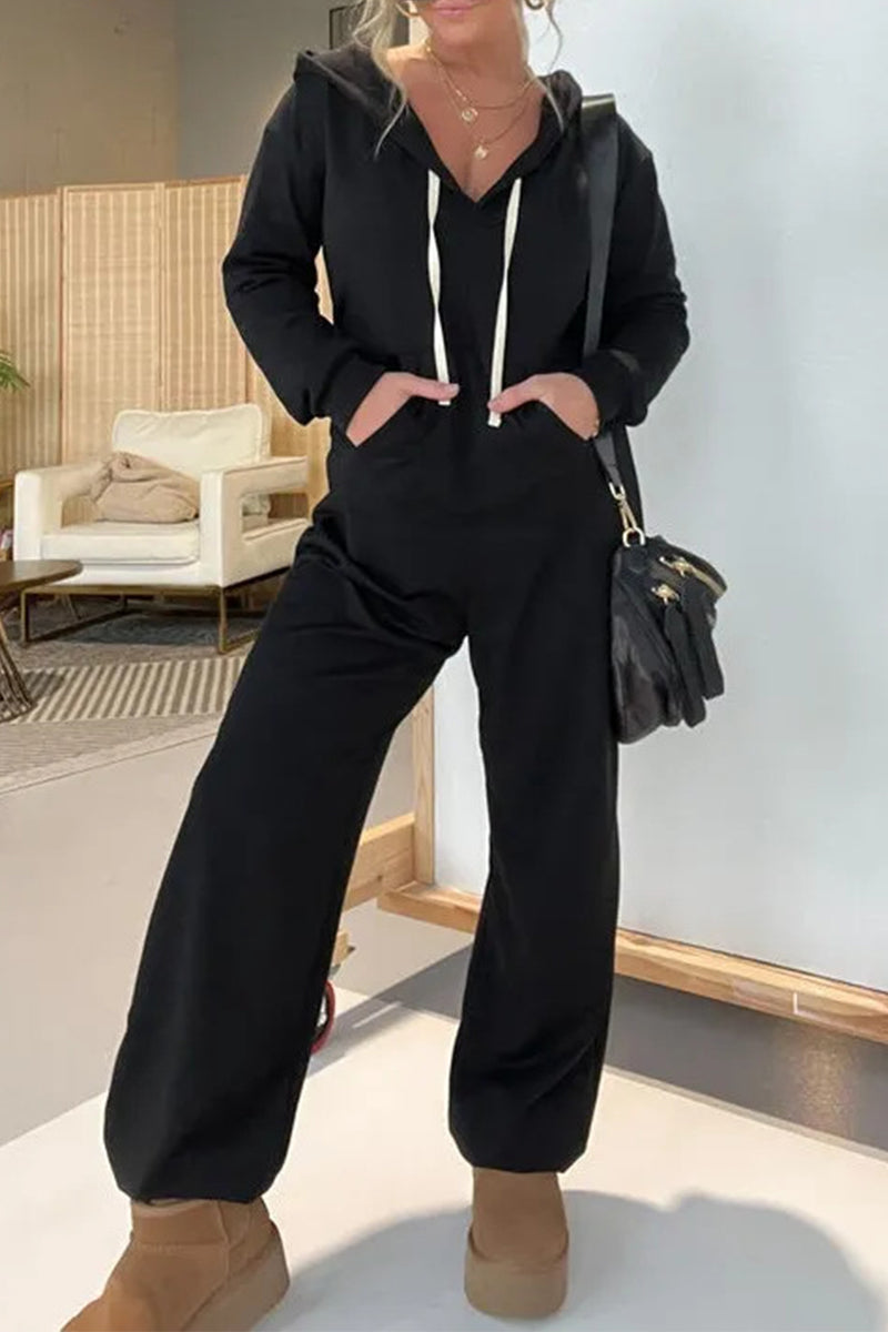Simplicity Draw String Pocket Hooded Collar Loose Jumpsuits(3 Colors)