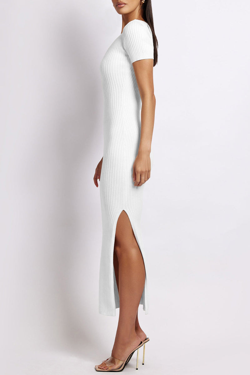 Slit V Neck One Step Skirt Short Sleeve Dress