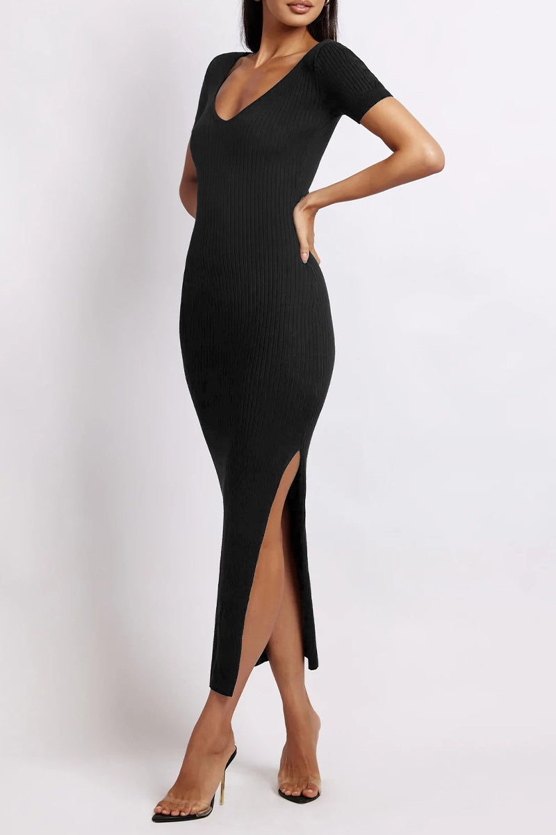 Slit V Neck One Step Skirt Short Sleeve Dress