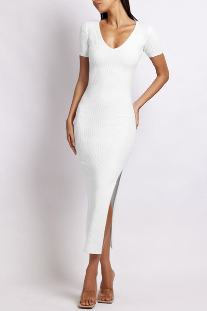 Slit V Neck One Step Skirt Short Sleeve Dress