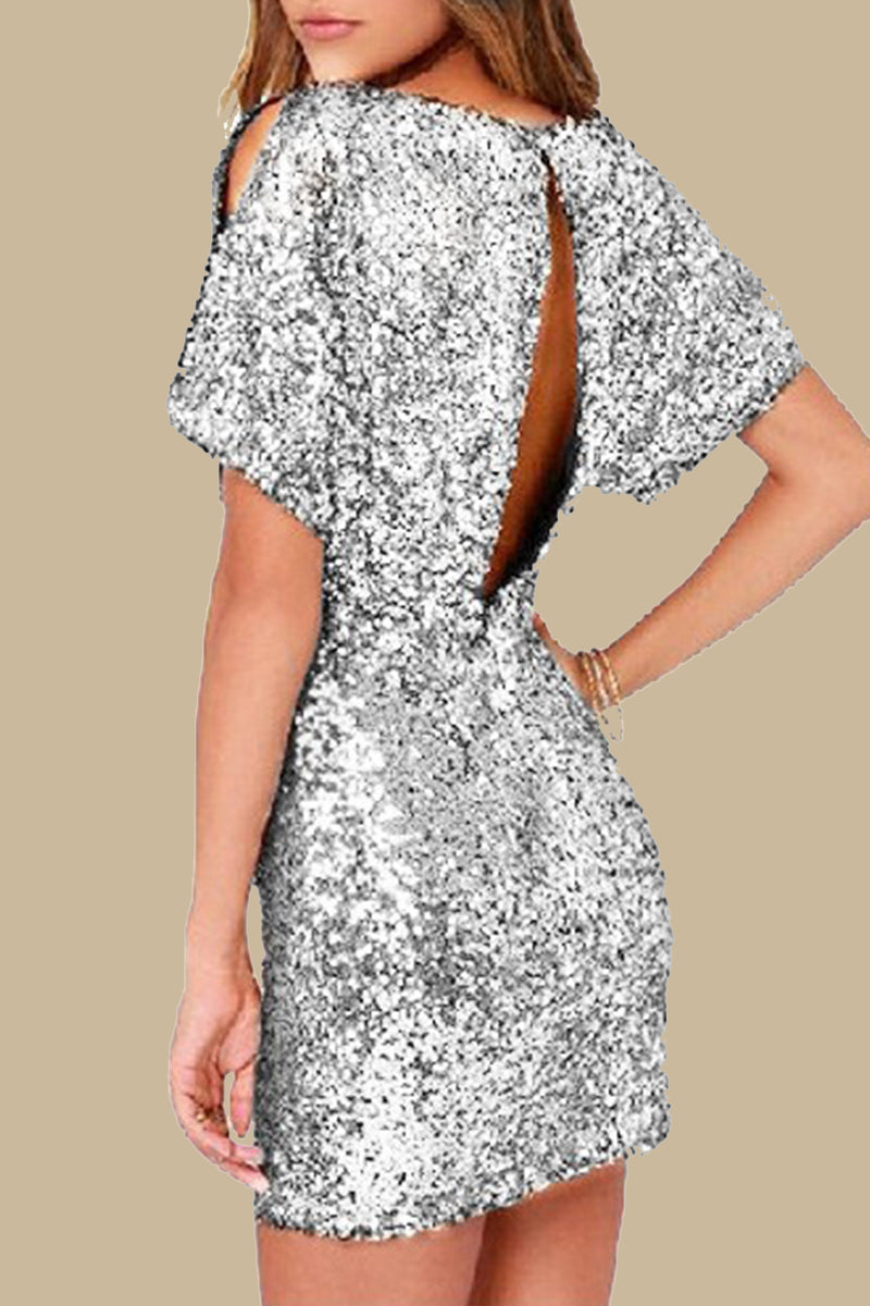 Party Sequins Sequined O Neck Wrapped Skirt Dresses