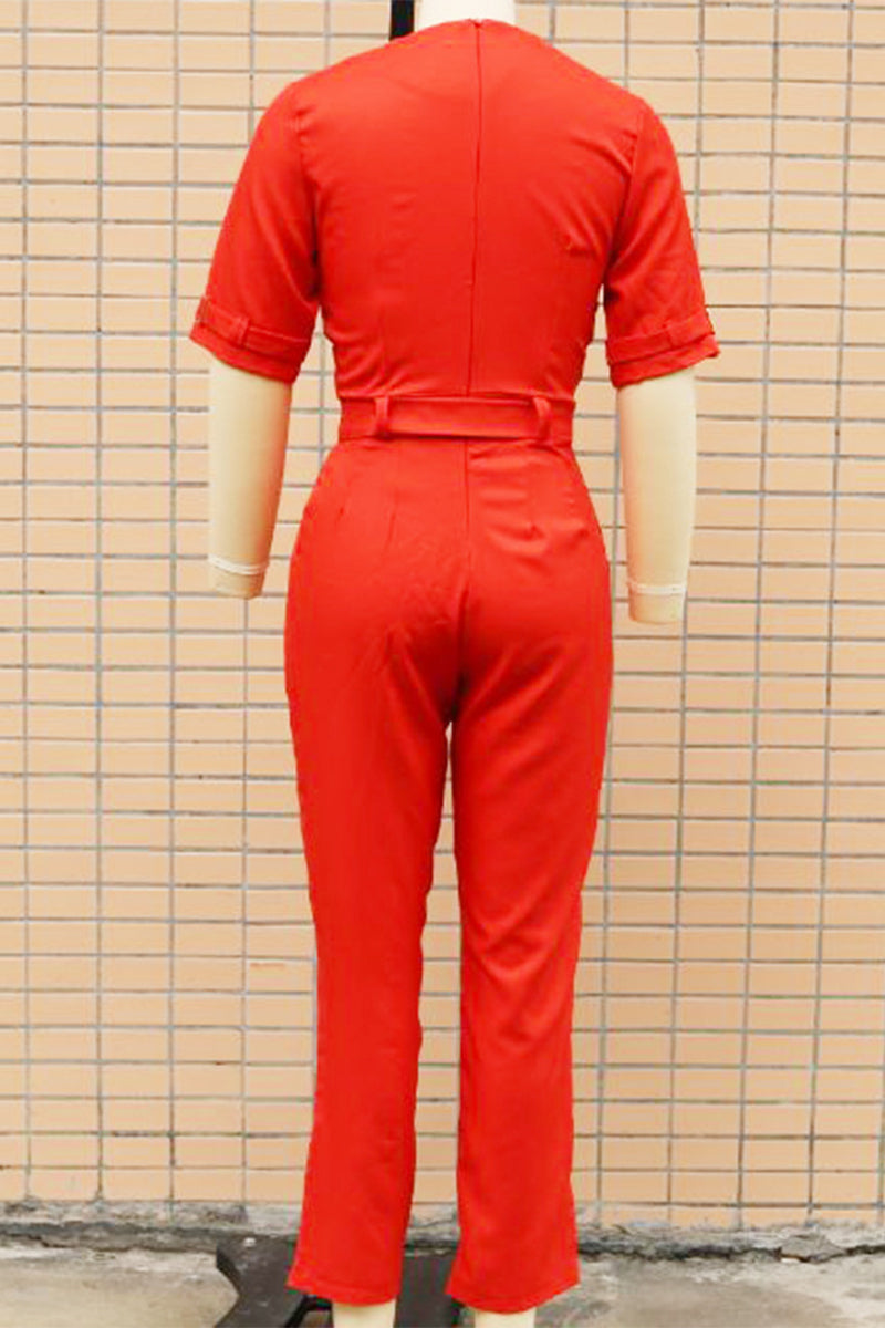 Street Patchwork Buttons Turn-back Collar Regular Jumpsuits(5 Colors)