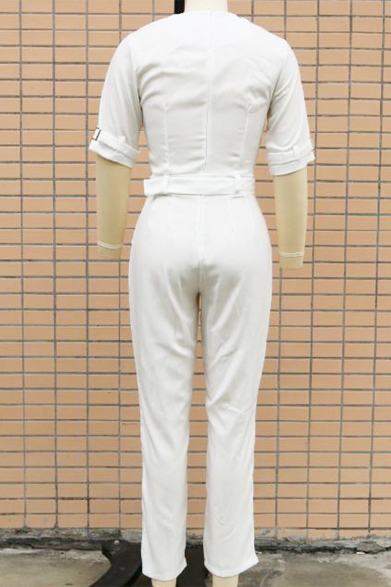 Street Patchwork Buttons Turn-back Collar Regular Jumpsuits(5 Colors)