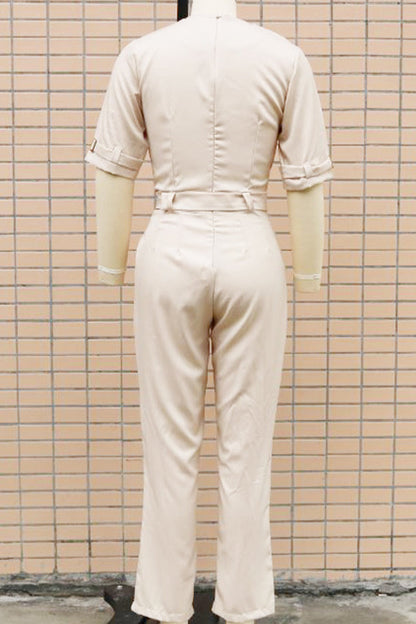 Street Patchwork Buttons Turn-back Collar Regular Jumpsuits(5 Colors)