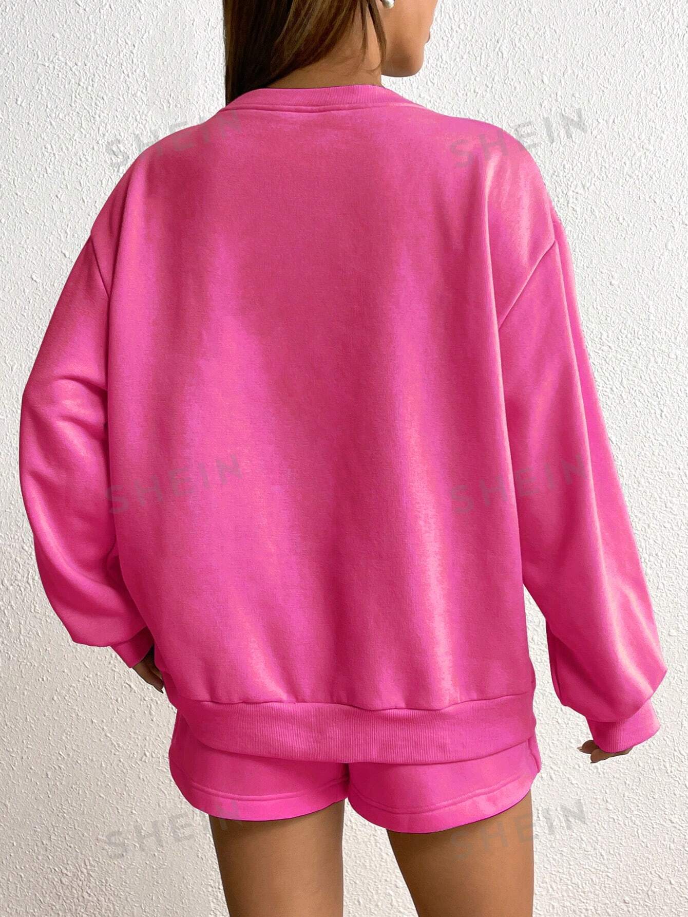 Letter Graphic Drop Shoulder Hoodie & Drawstring Waist Shorts