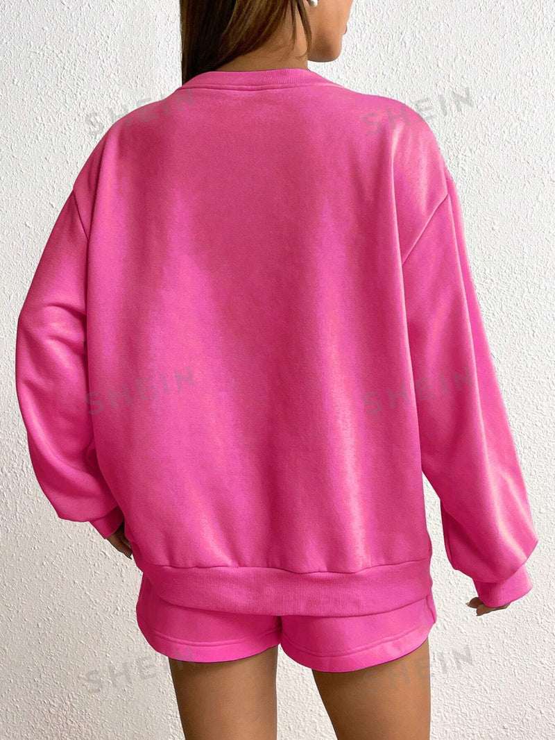 Letter Graphic Drop Shoulder Hoodie & Drawstring Waist Shorts