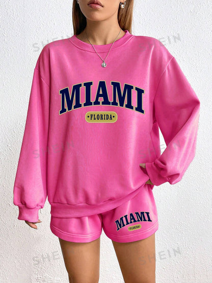 Letter Graphic Drop Shoulder Hoodie & Drawstring Waist Shorts