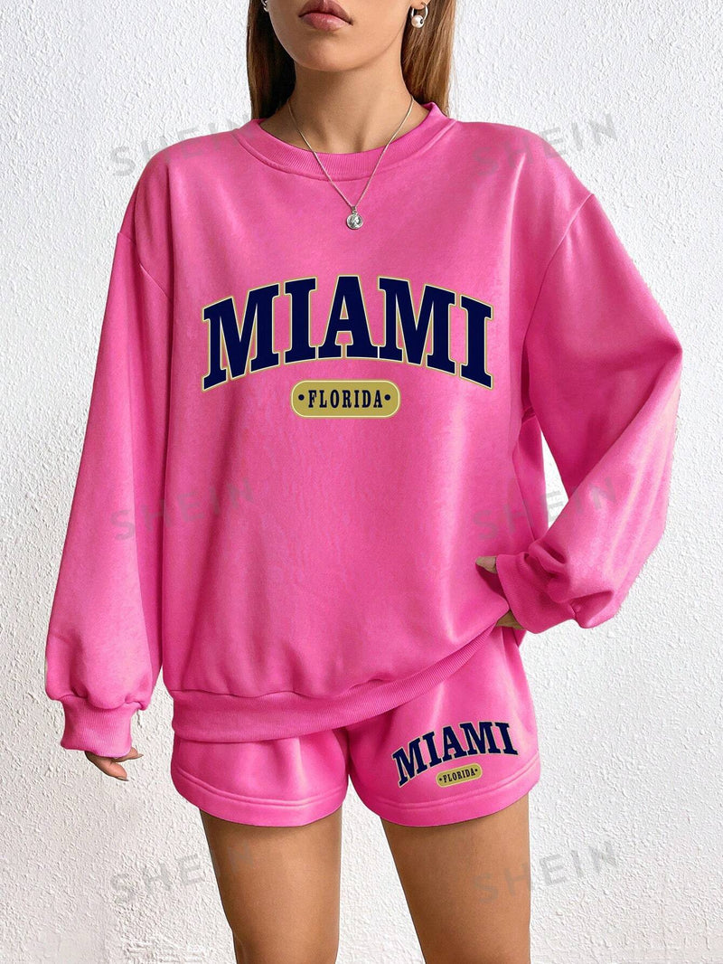 Letter Graphic Drop Shoulder Hoodie & Drawstring Waist Shorts