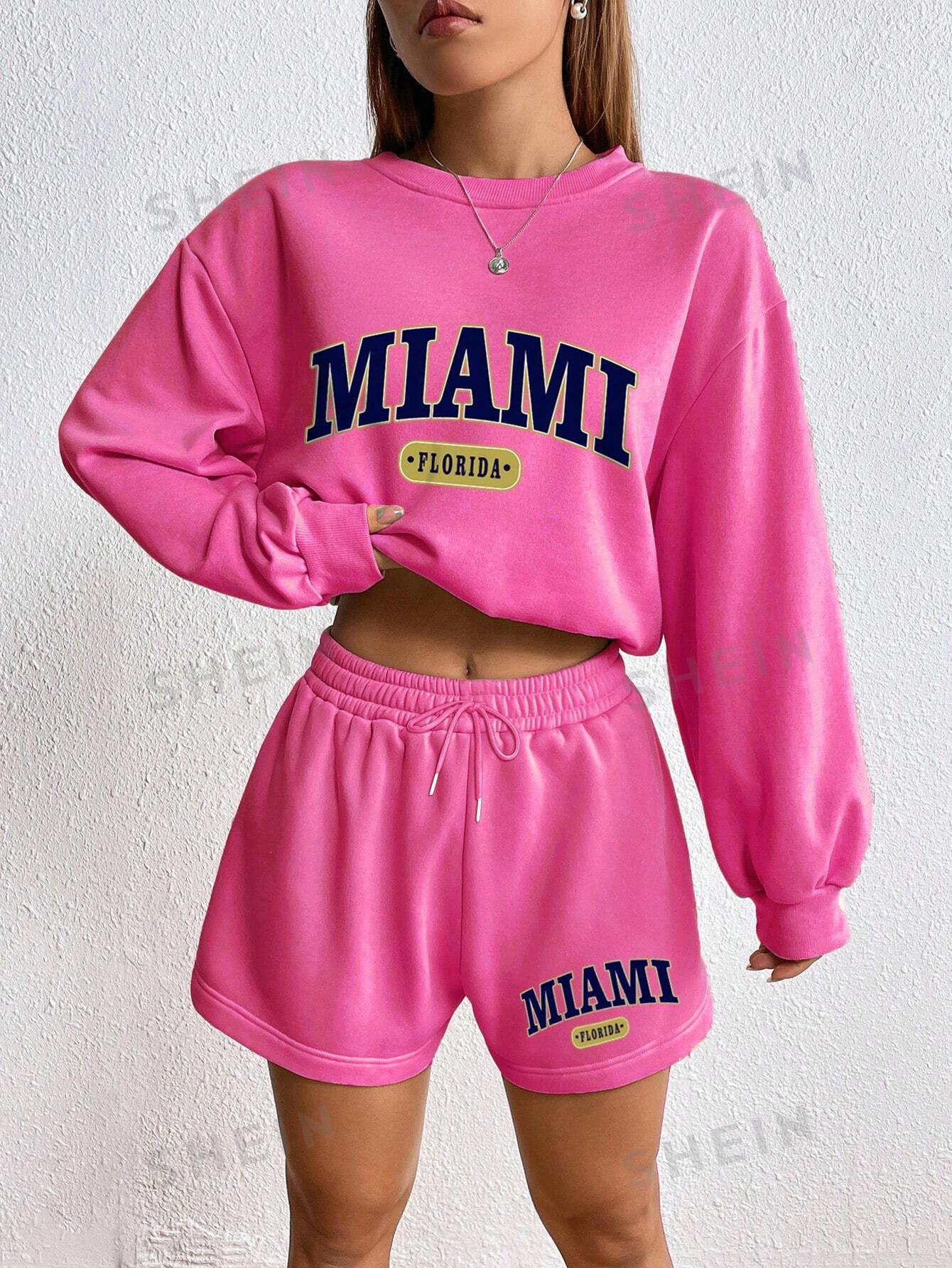 Letter Graphic Drop Shoulder Hoodie & Drawstring Waist Shorts