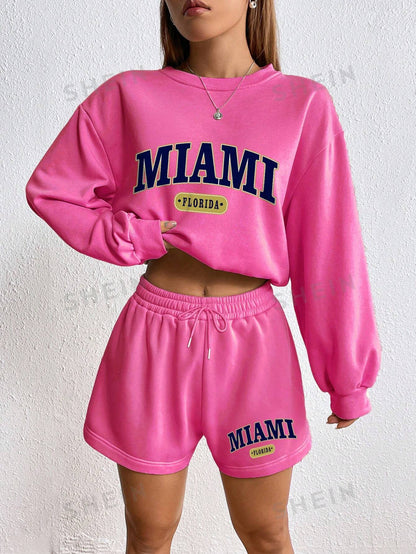 Letter Graphic Drop Shoulder Hoodie & Drawstring Waist Shorts