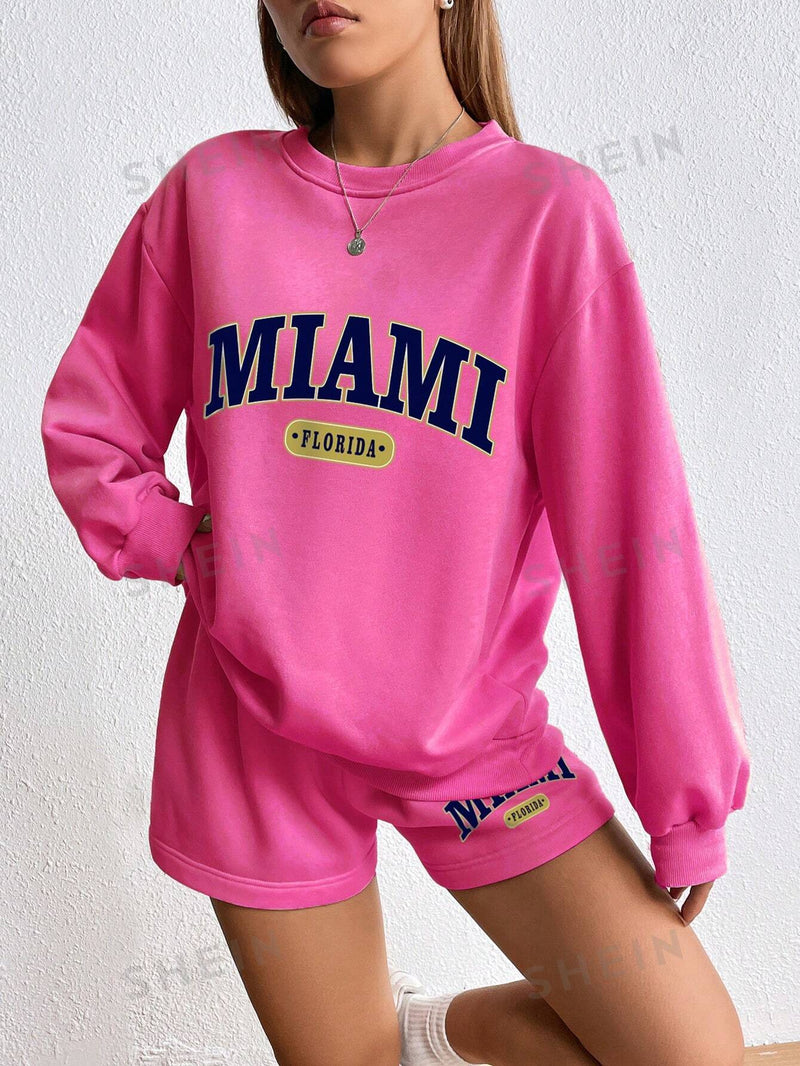 Letter Graphic Drop Shoulder Hoodie & Drawstring Waist Shorts