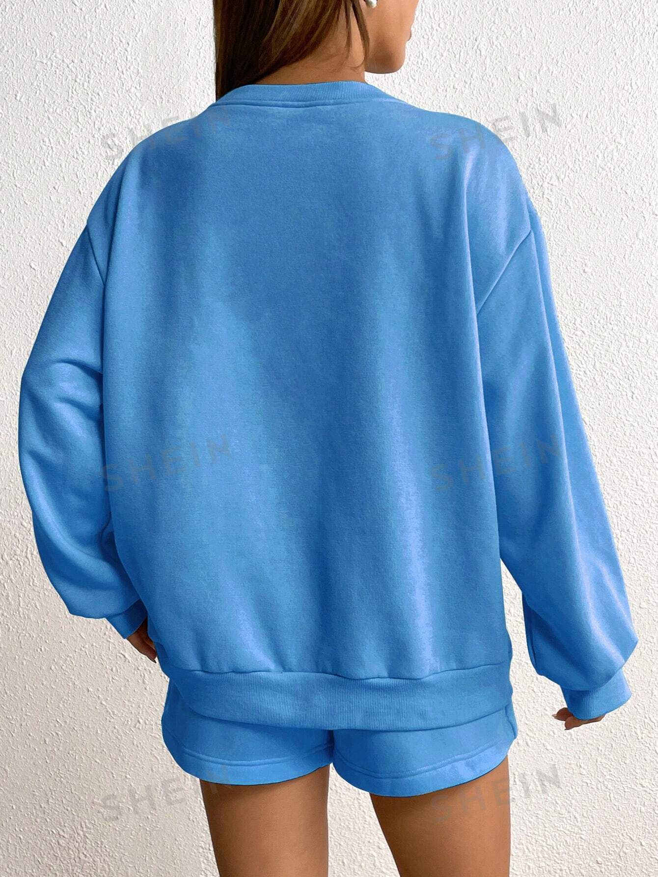 Letter Graphic Drop Shoulder Hoodie & Drawstring Waist Shorts