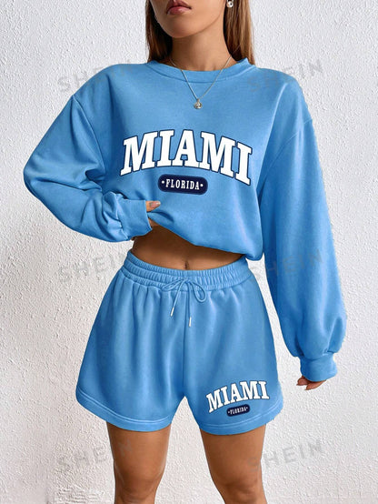 Letter Graphic Drop Shoulder Hoodie & Drawstring Waist Shorts