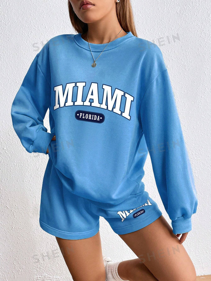 Letter Graphic Drop Shoulder Hoodie & Drawstring Waist Shorts