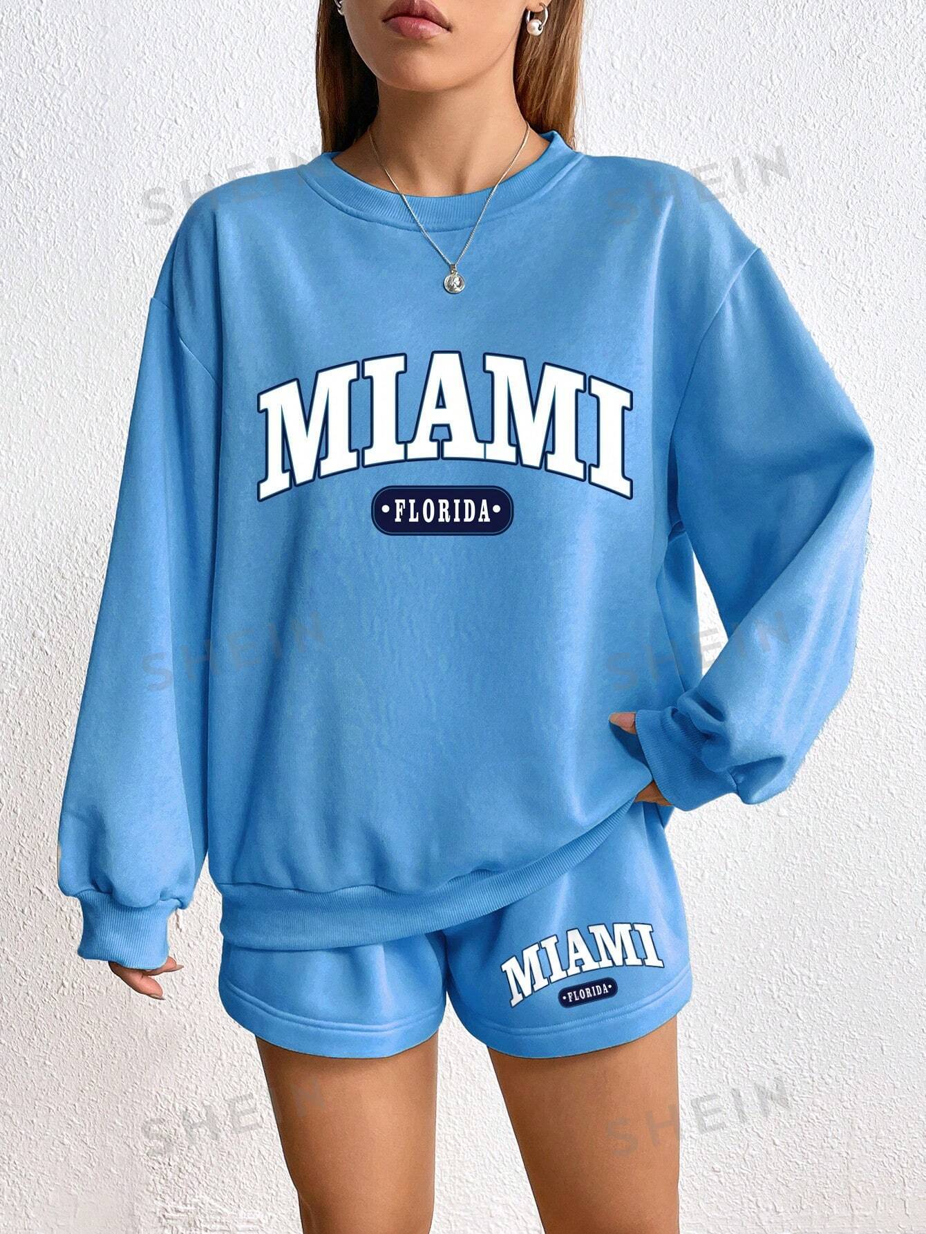 Letter Graphic Drop Shoulder Hoodie & Drawstring Waist Shorts