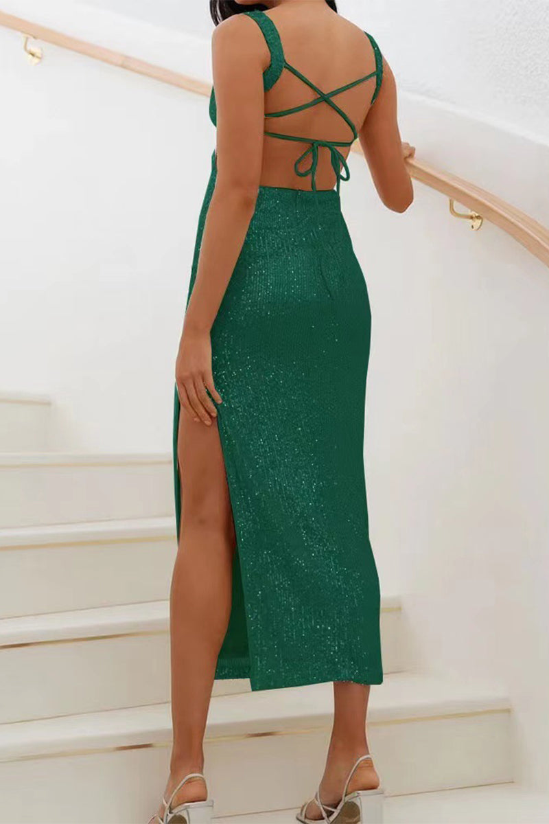 Sequins Slit Square Collar One Step Skirt Dresses