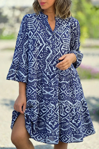 Sweet Geometric Print Buttons V Neck Cake Skirt Dresses