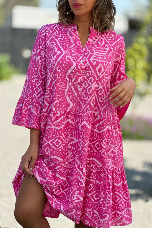 Sweet Geometric Print Buttons V Neck Cake Skirt Dresses
