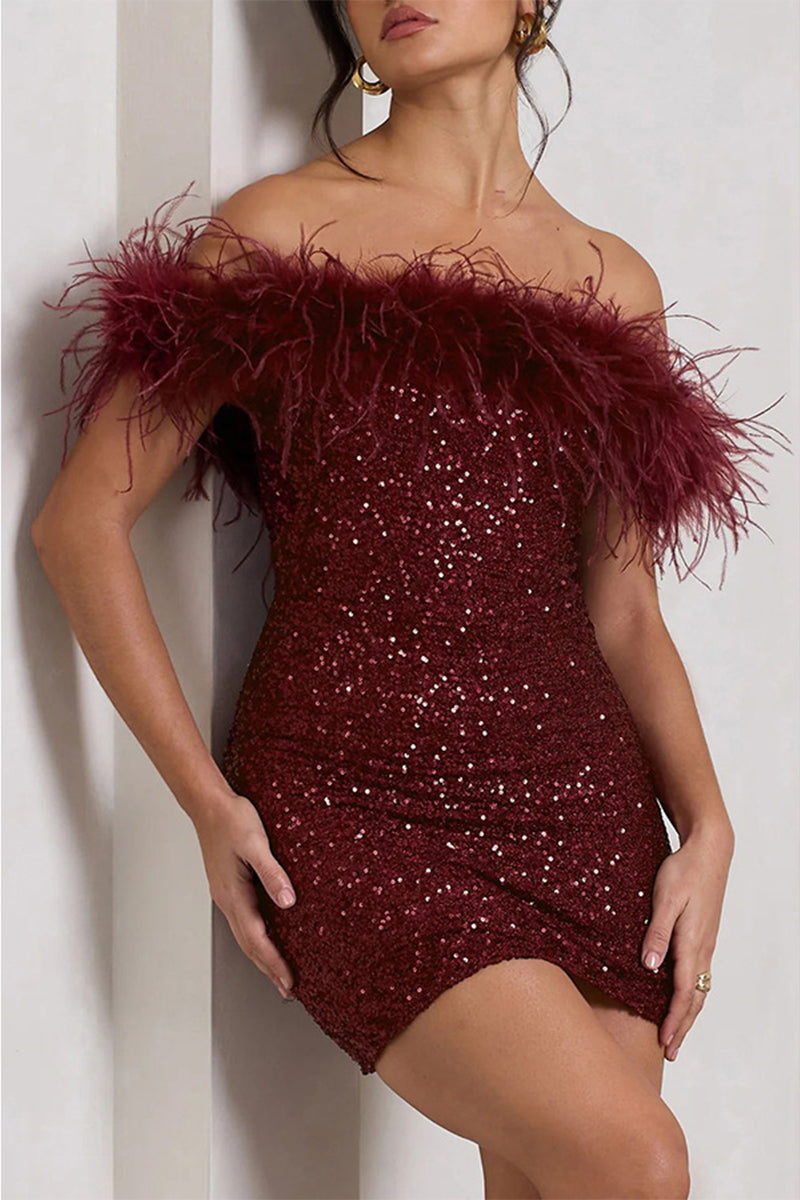 Sequins Feathers Off the Shoulder Wrapped Skirt Dresses