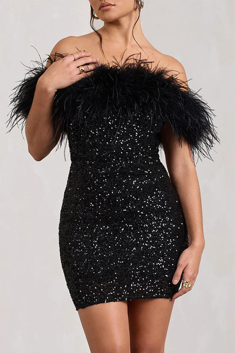 Sequins Feathers Off the Shoulder Wrapped Skirt Dresses