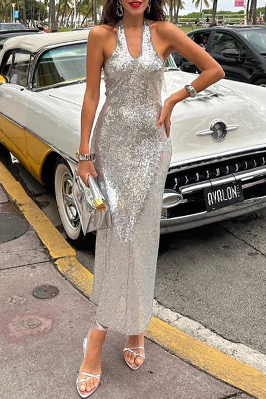 Sequins Backless Halter One Step Skirt Dresses