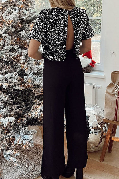 Sequins Sequined O Neck Loose Jumpsuits