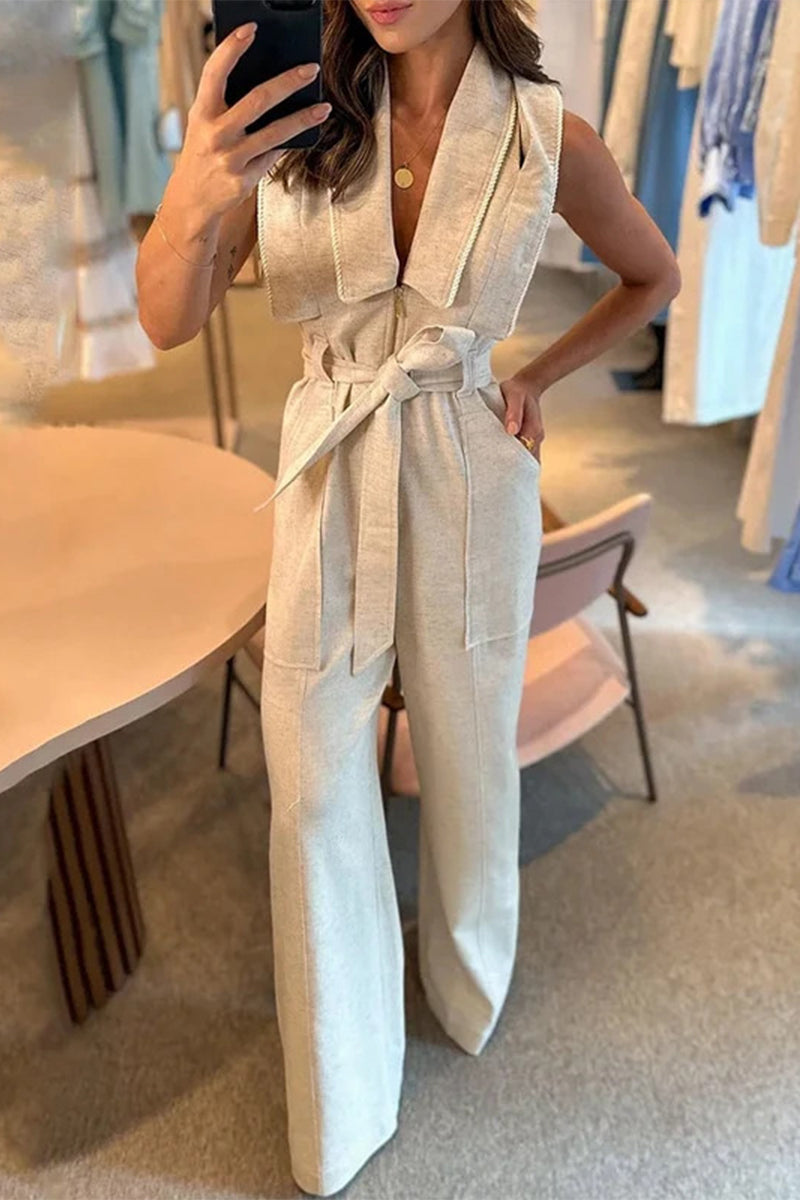 British Style Bandage Turndown Collar Regular Jumpsuits