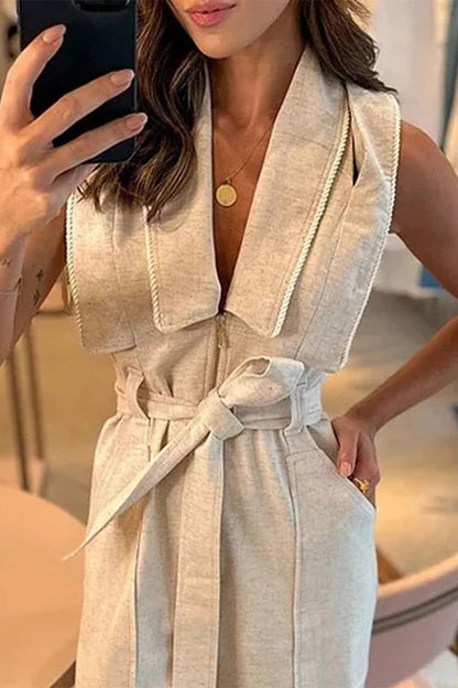 British Style Bandage Turndown Collar Regular Jumpsuits