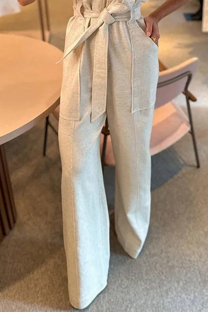 British Style Bandage Turndown Collar Regular Jumpsuits