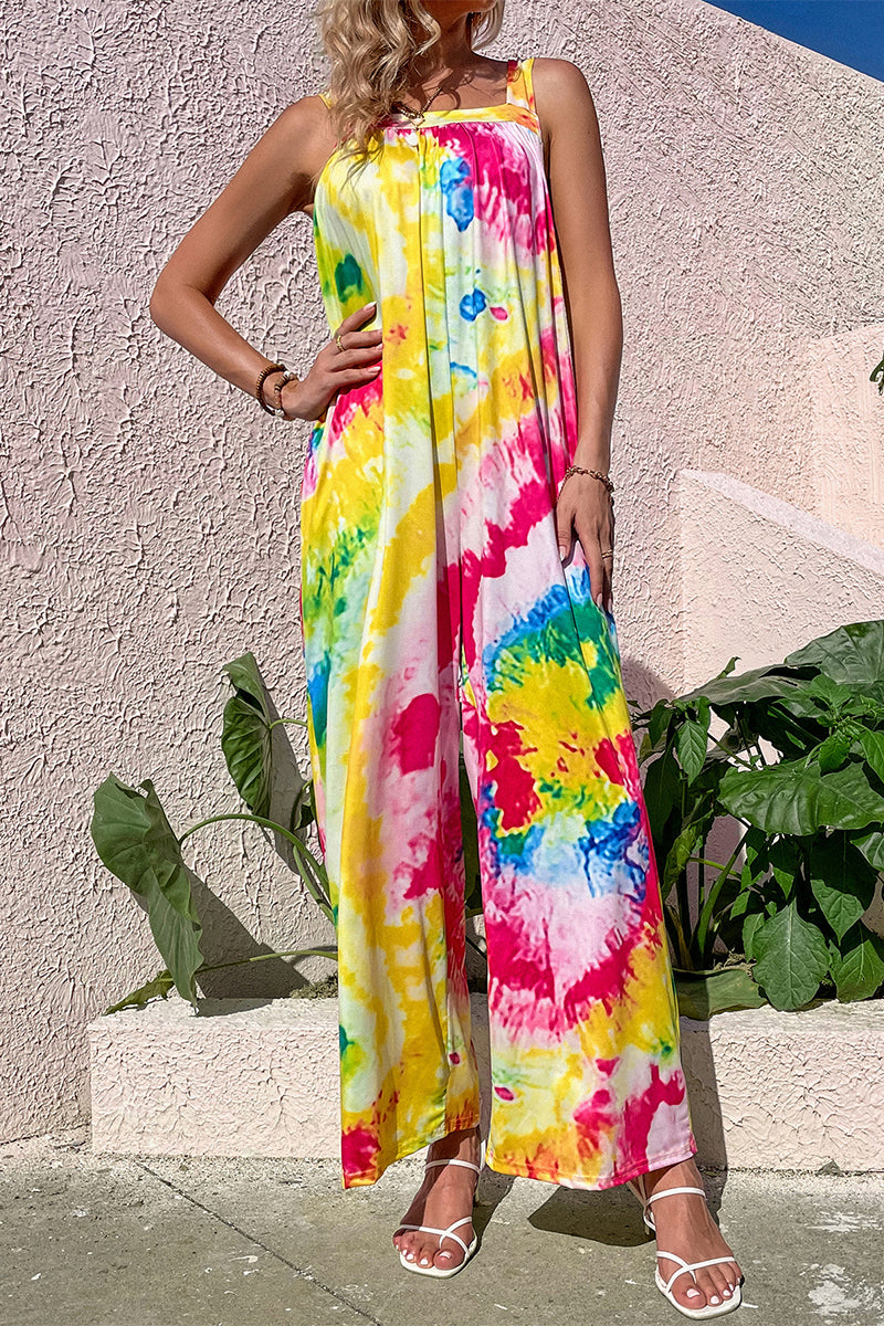 Print Pocket Square Collar Loose Jumpsuits